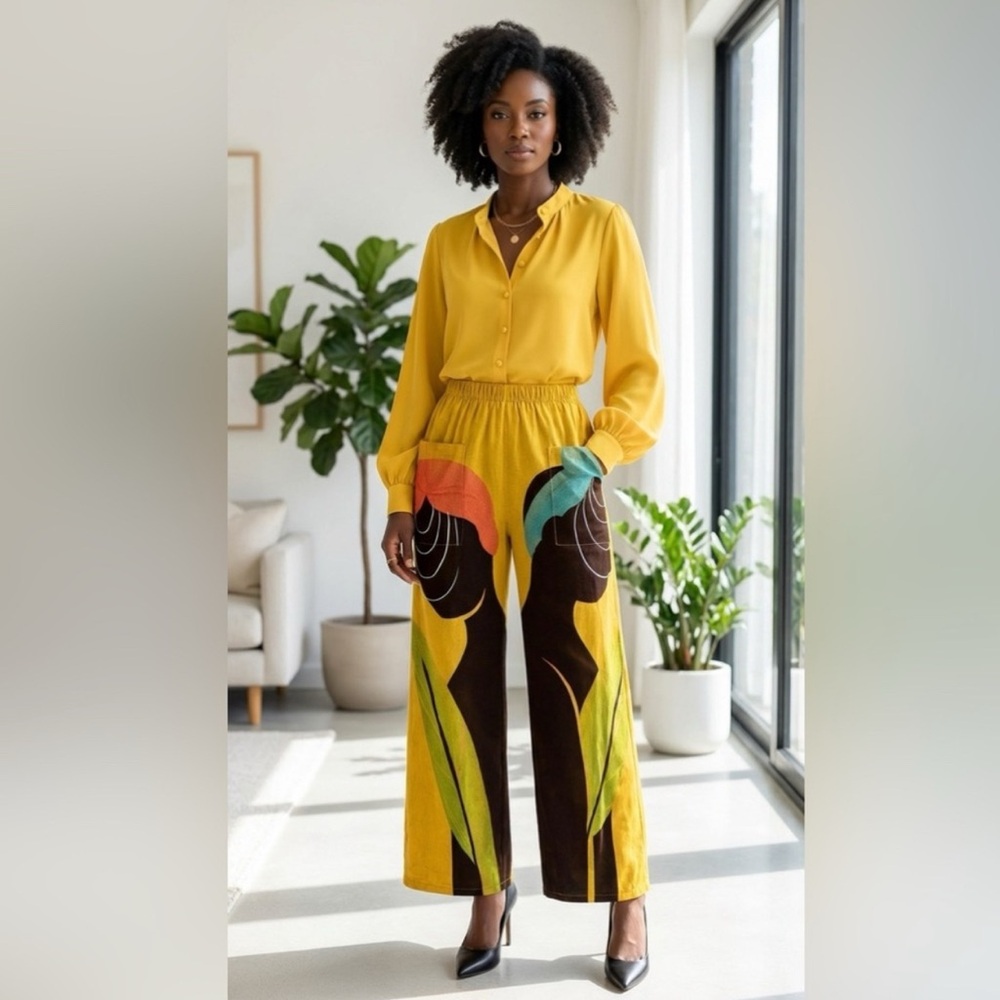Afro Muse Wide-Leg Statement Pants | High-Waist Art Print Pants